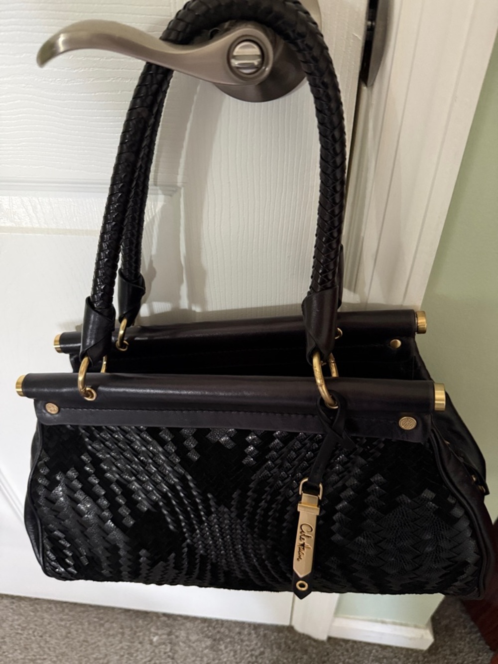Black Woven Satchel with Gold Hardware